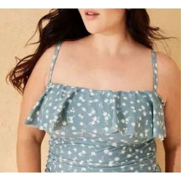 Shade & Shore Blue and White Floral Ruffle Full Coverage Swimsuit Size 14 - Picture 1 of 4